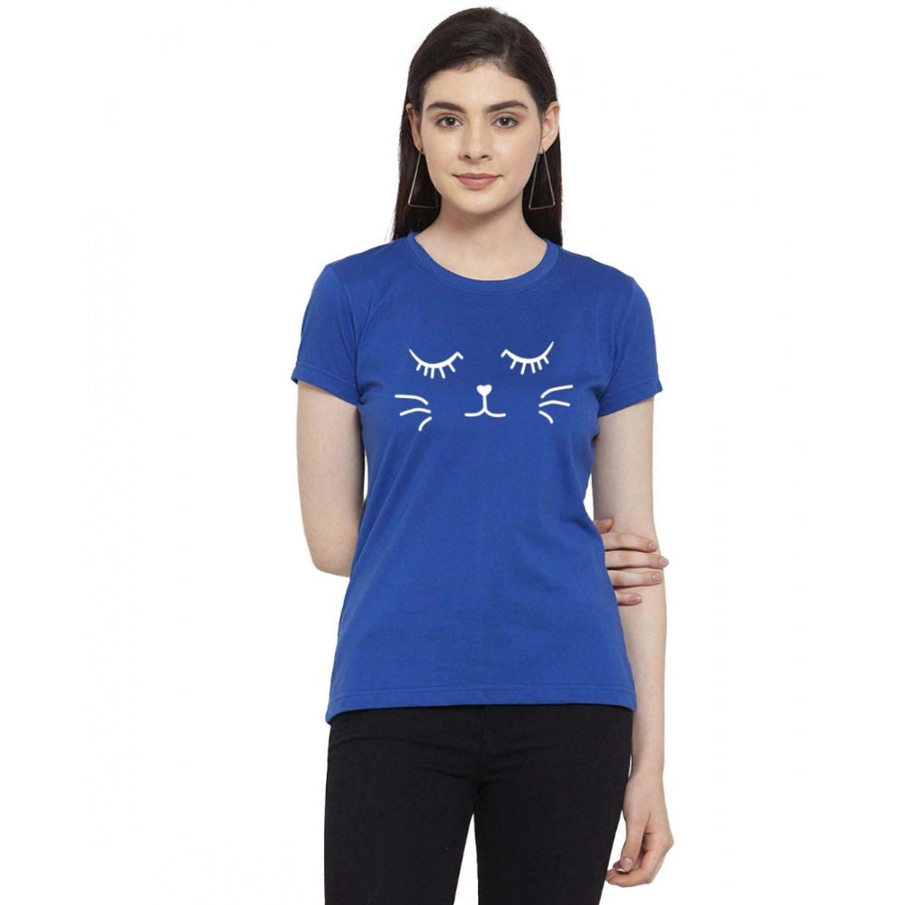Amfyn Women's Cotton Blend Graphic Cat Printed T-Shirt (Blue)