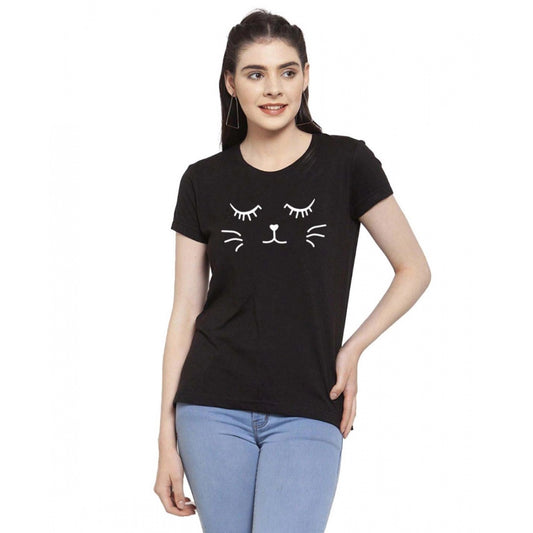 Amfyn Women's Cotton Blend Graphic Cat Printed T-Shirt (Black)