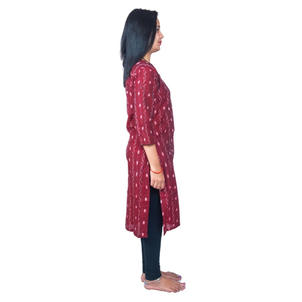 Amfyn Women's Sambalpuri Certified Handloom Pure Cotton Straight Kurti (Maroon)