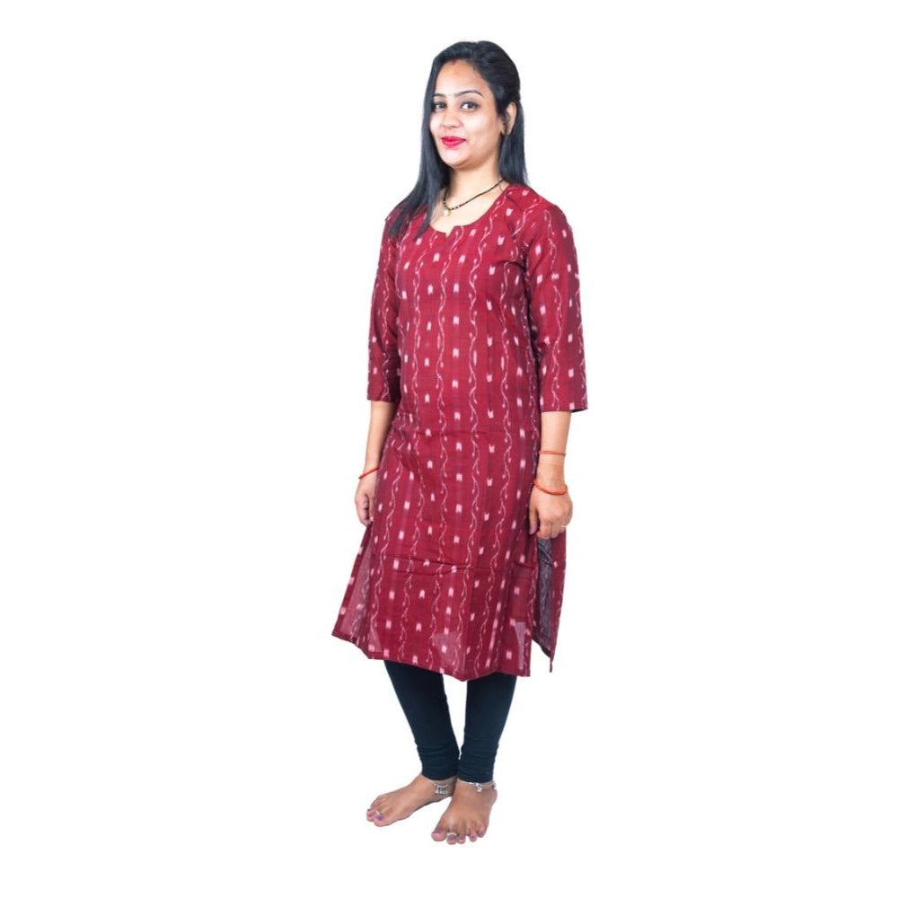 Amfyn Women's Sambalpuri Certified Handloom Pure Cotton Straight Kurti (Maroon)