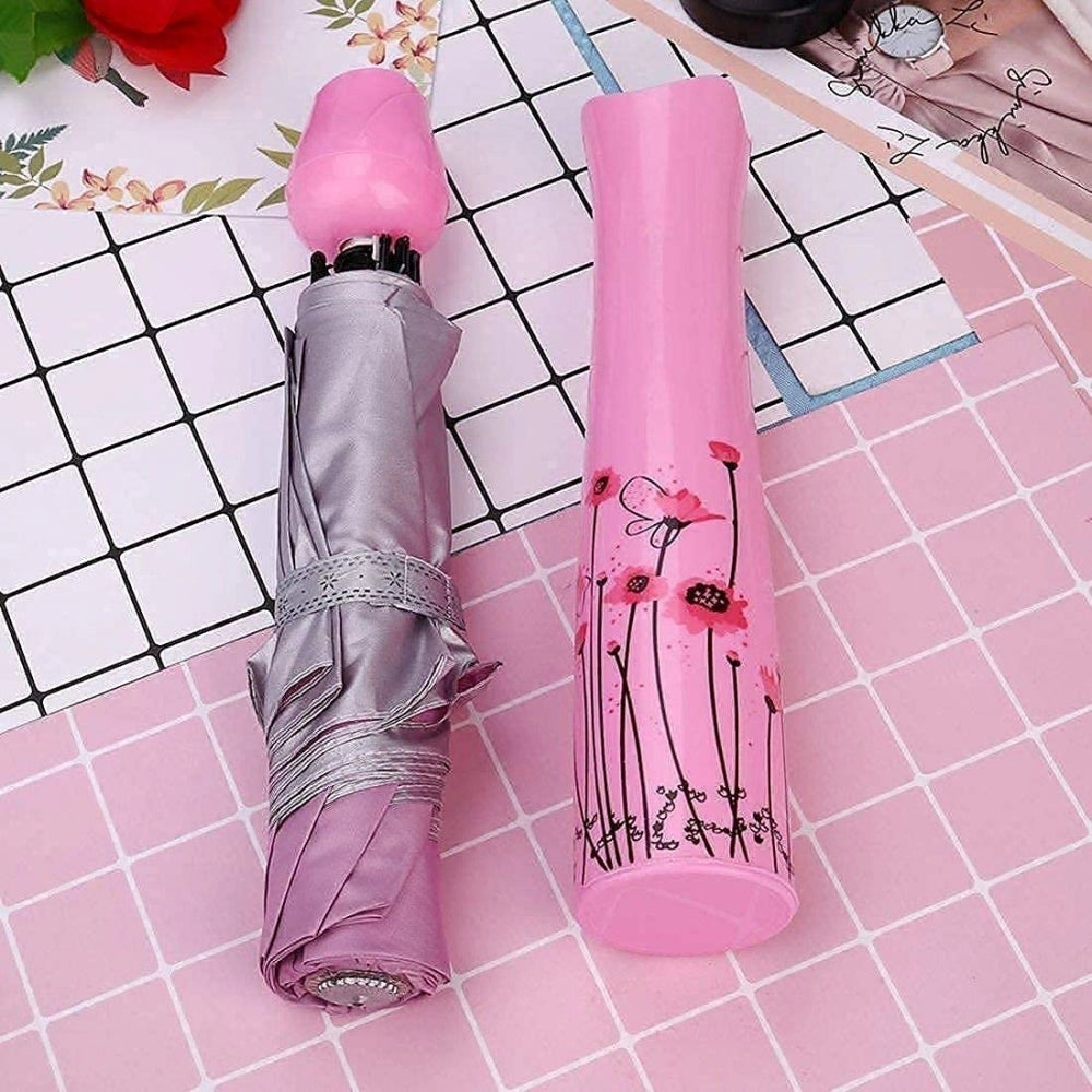 Amfyn Rose Umbrella Lightweight Waterproof UV Protection Mini Folding Creative Rose Flower Case Canvas Plastic Umbrella with Waterproof and Compact Bottle for Monsoon and Summer (Assorted)