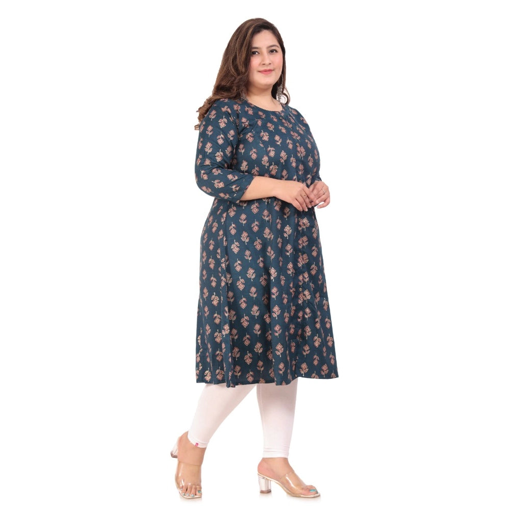 Amfyn Women's Office wear Floral Printed Capsule Princess Cut Kurti (Green)