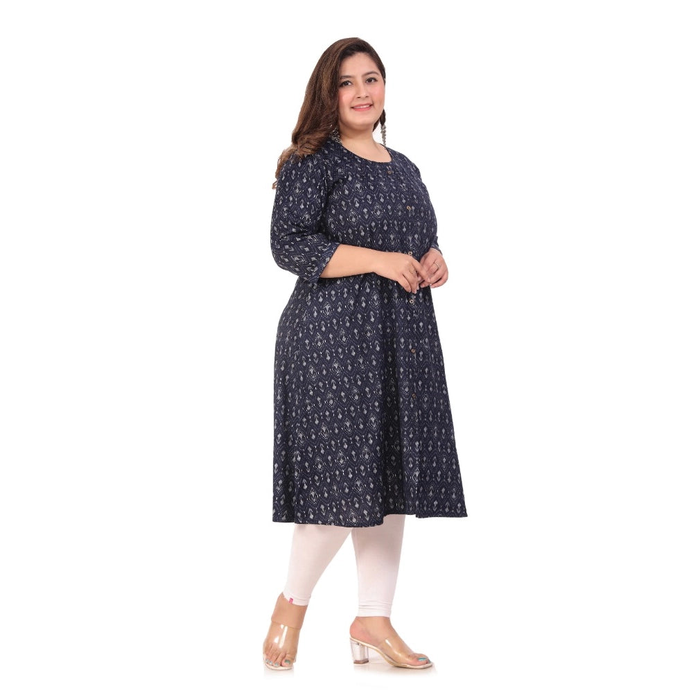 Amfyn Women's Office wear Floral Printed Capsule A-Line Kurti (Navy Blue)