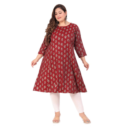 Amfyn Women's Office wear Floral Printed Capsule Princess Cut Kurti (Maroon)