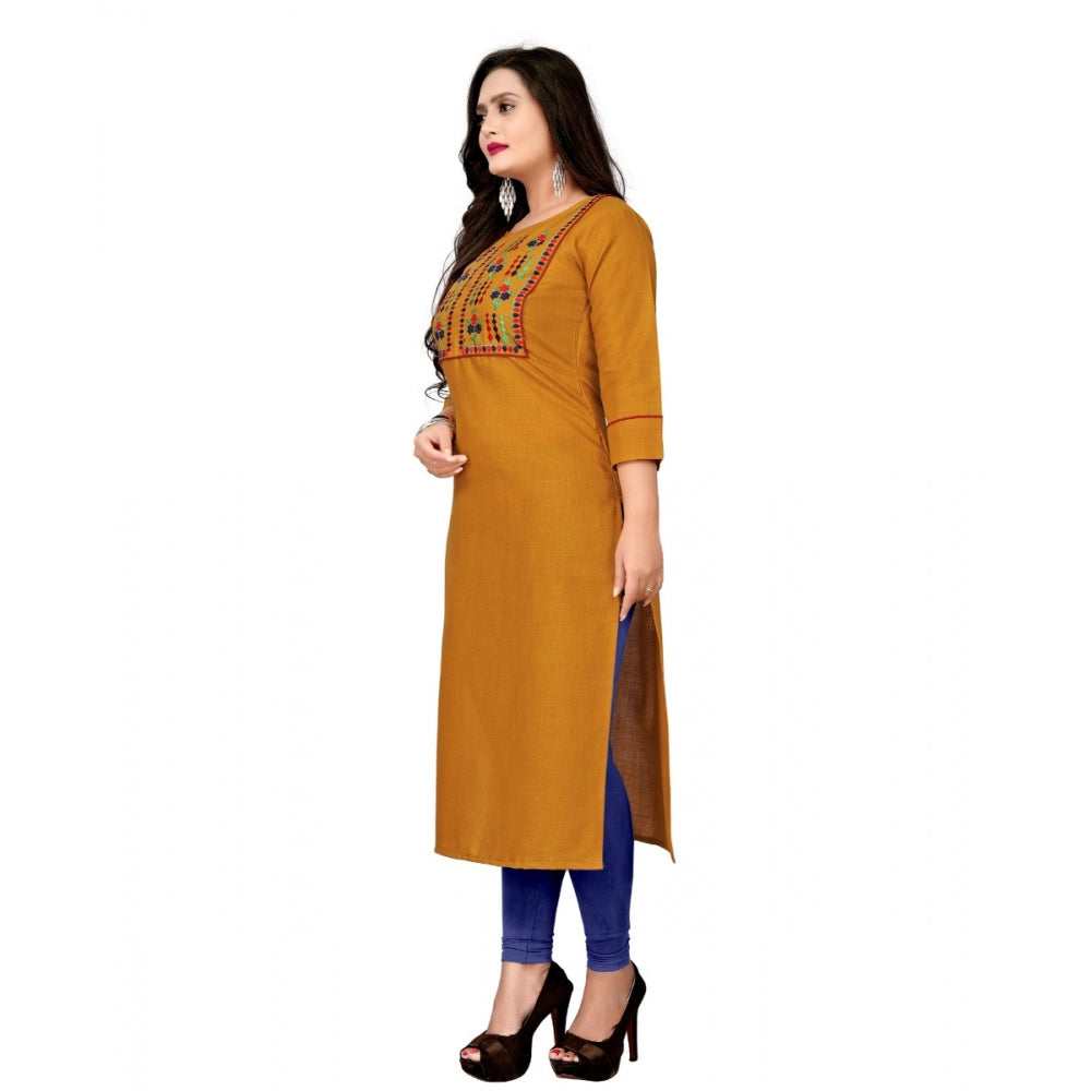 Amfyn Women's Cotton Embroidery Straight Kurti (Mustard Yellow)