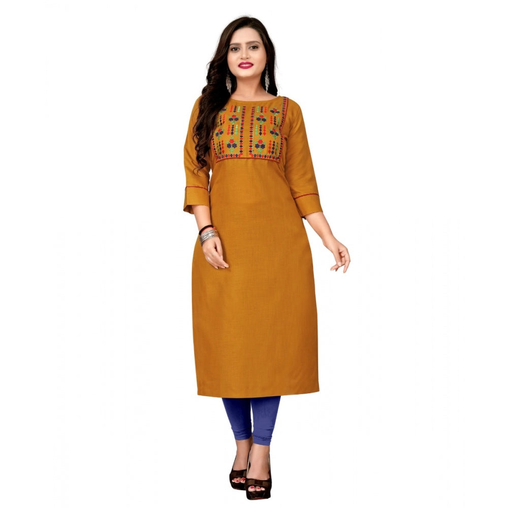 Amfyn Women's Cotton Embroidery Straight Kurti (Mustard Yellow)