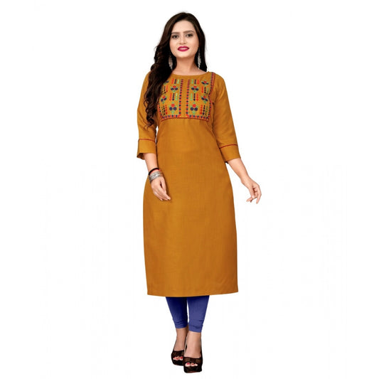 Amfyn Women's Cotton Embroidery Straight Kurti (Mustard Yellow)