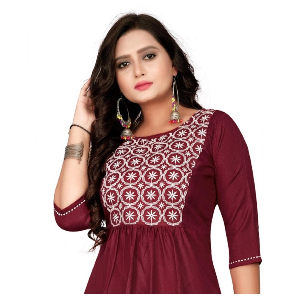 Amfyn Women's Cotton Embroidery Straight Kurti (Maroon)