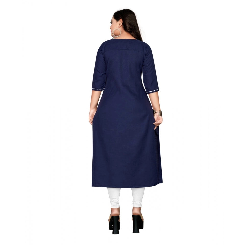 Amfyn Women's Cotton Embroidery Straight Kurti (Navy Blue)