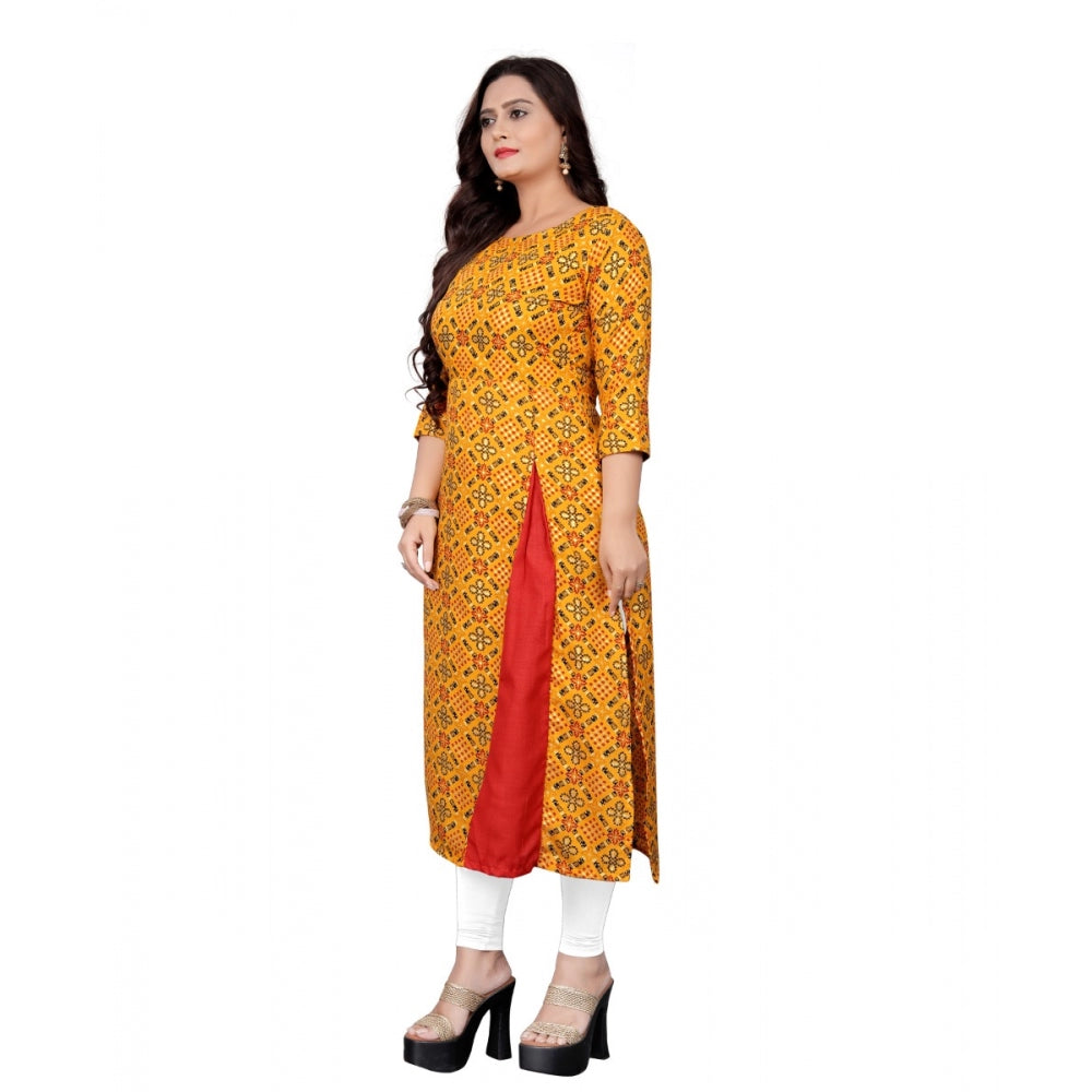 Amfyn Women's Cotton Print with Foil Frontslit Kurti (Mustard Yellow)