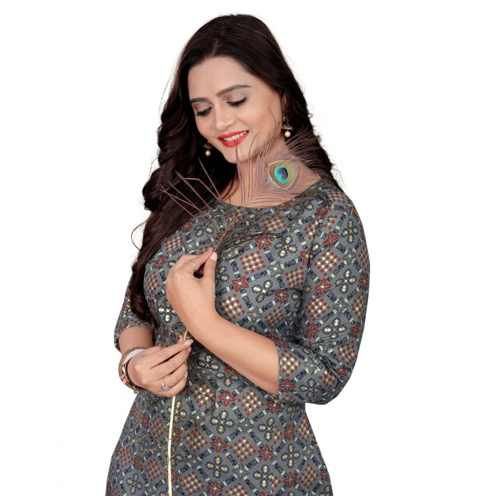 Amfyn Women's Cotton Print with Foil Frontslit Kurti (Grey)
