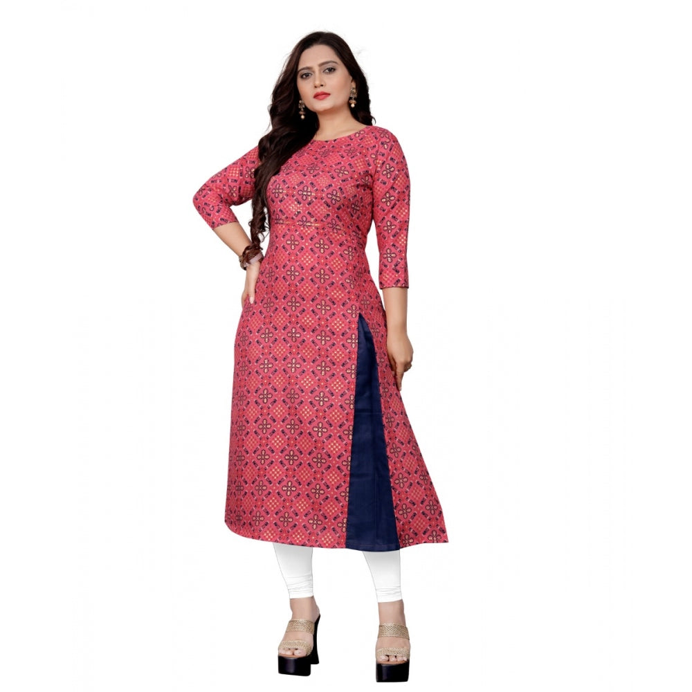 Amfyn Women's Cotton Print with Foil Frontslit Kurti (Pink)