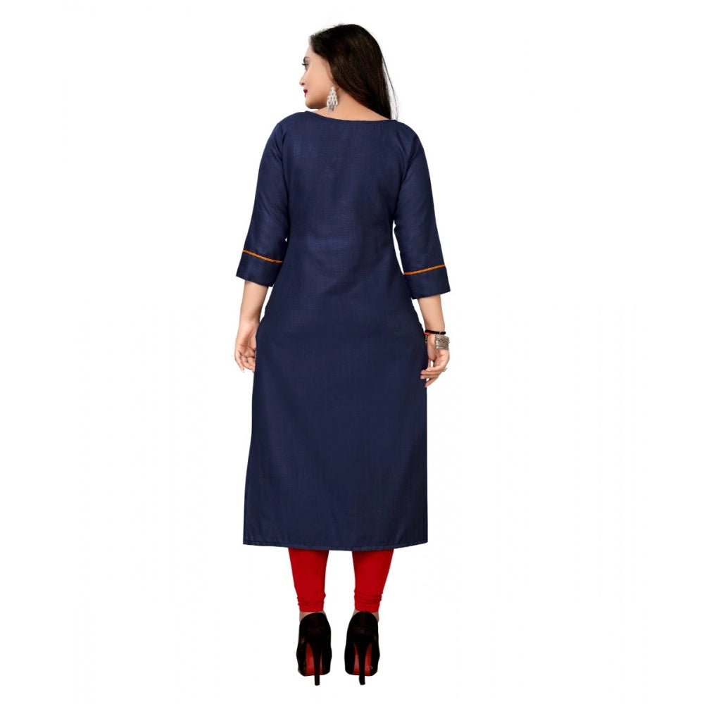 Amfyn Women's Cotton Embroidery Straight Kurti (Navy Blue)