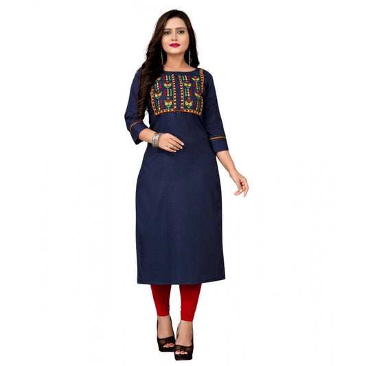 Amfyn Women's Cotton Embroidery Straight Kurti (Navy Blue)
