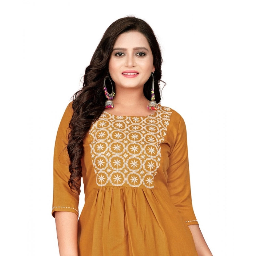 Amfyn Women's Cotton Embroidery Straight Kurti (Mustard Yellow)