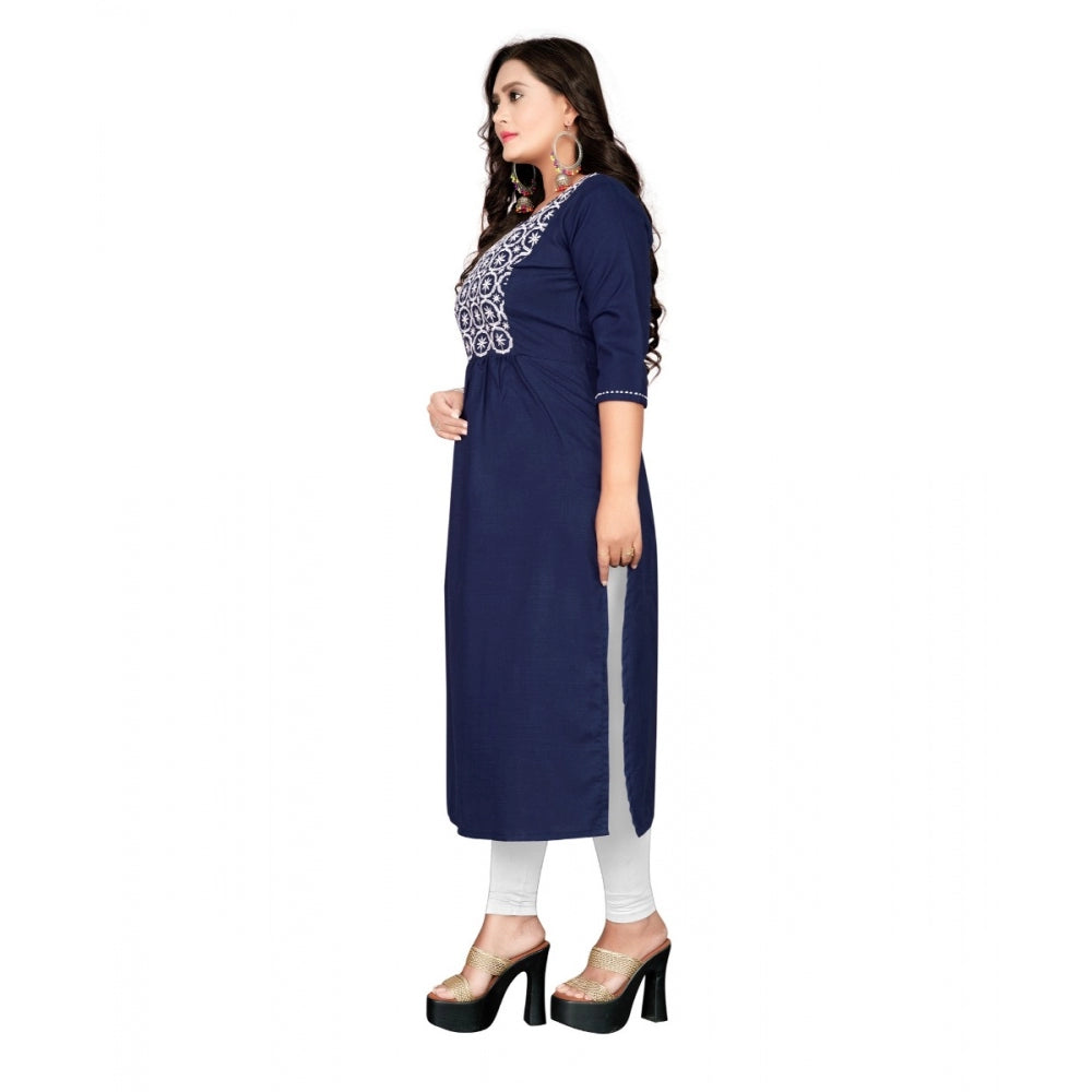 Amfyn Women's Cotton Embroidery Straight Kurti (Navy Blue)