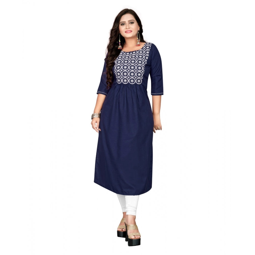 Amfyn Women's Cotton Embroidery Straight Kurti (Navy Blue)