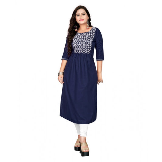 Amfyn Women's Cotton Embroidery Straight Kurti (Navy Blue)
