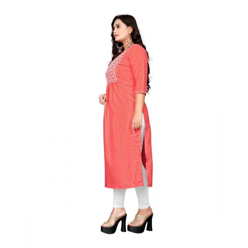 Amfyn Women's Cotton Embroidery Straight Kurti (Peach)