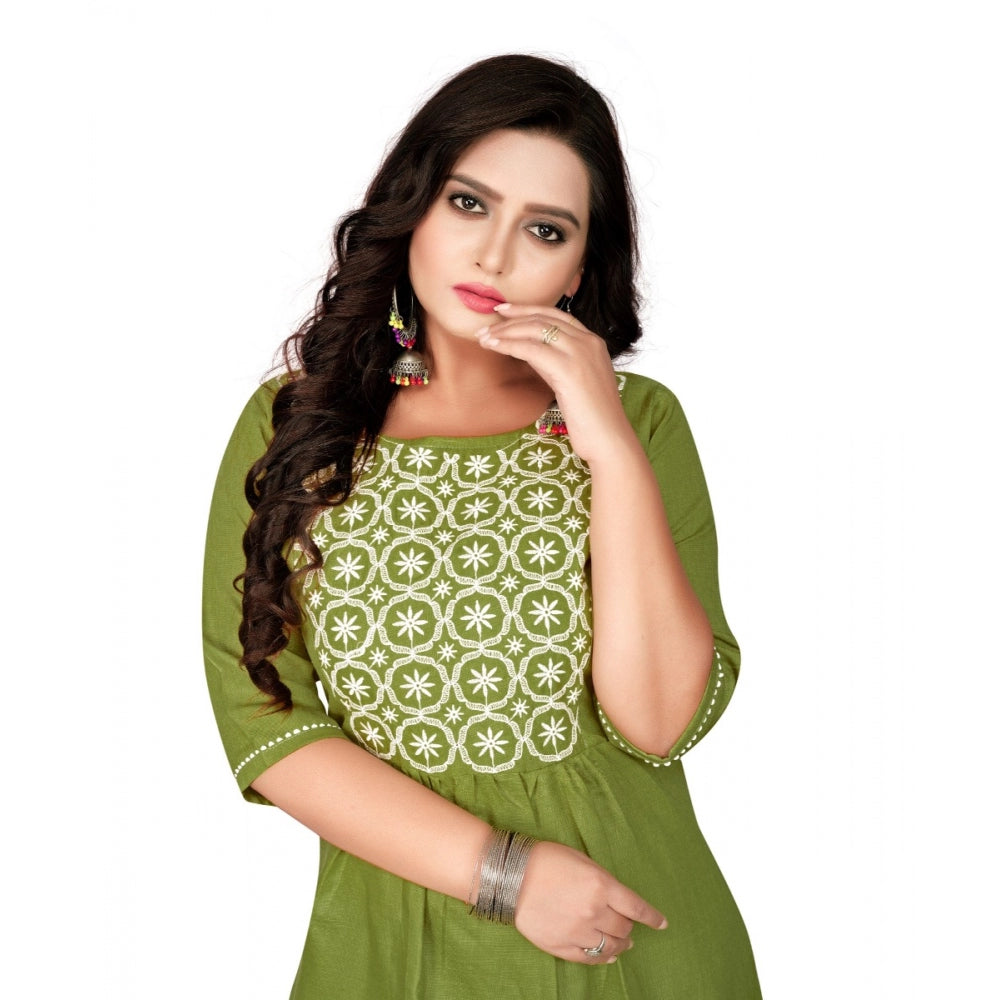 Amfyn Women's Cotton Embroidery Straight Kurti (Light Green)