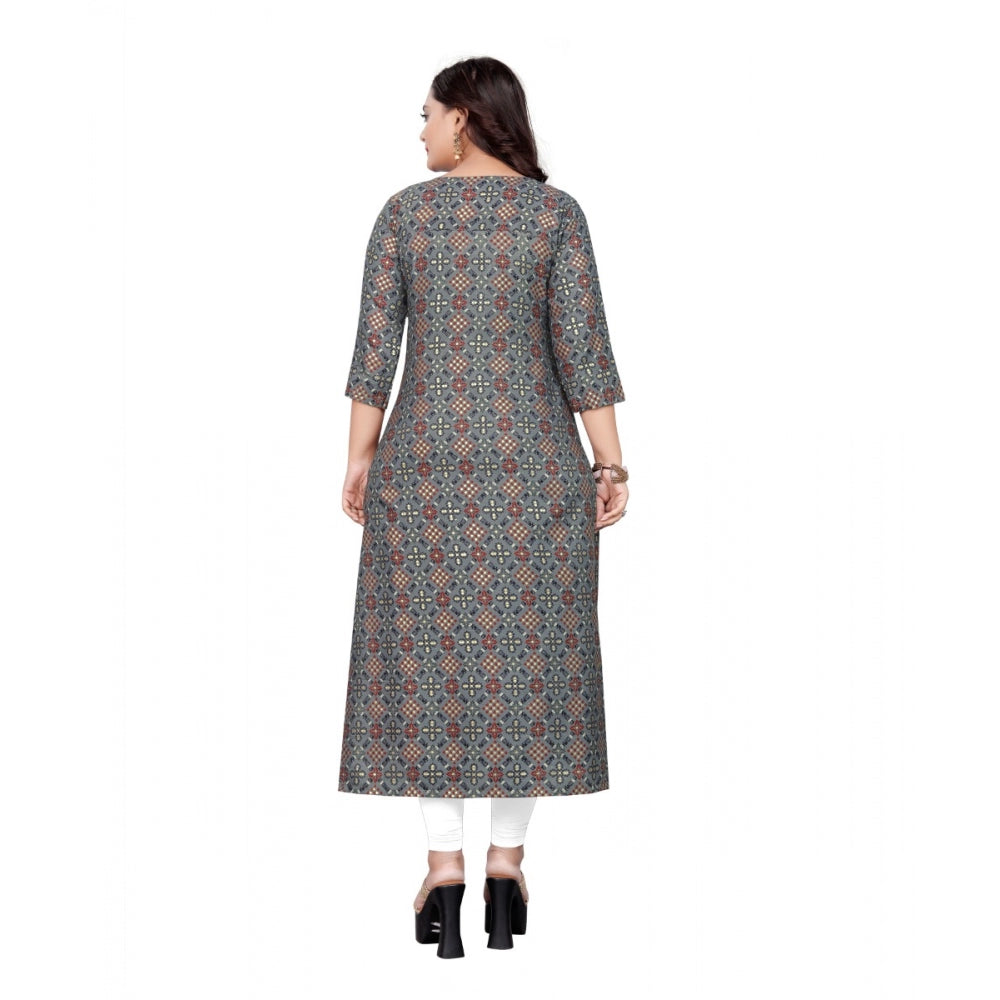 Amfyn Women's Cotton Print with Foil Frontslit Kurti (Grey)
