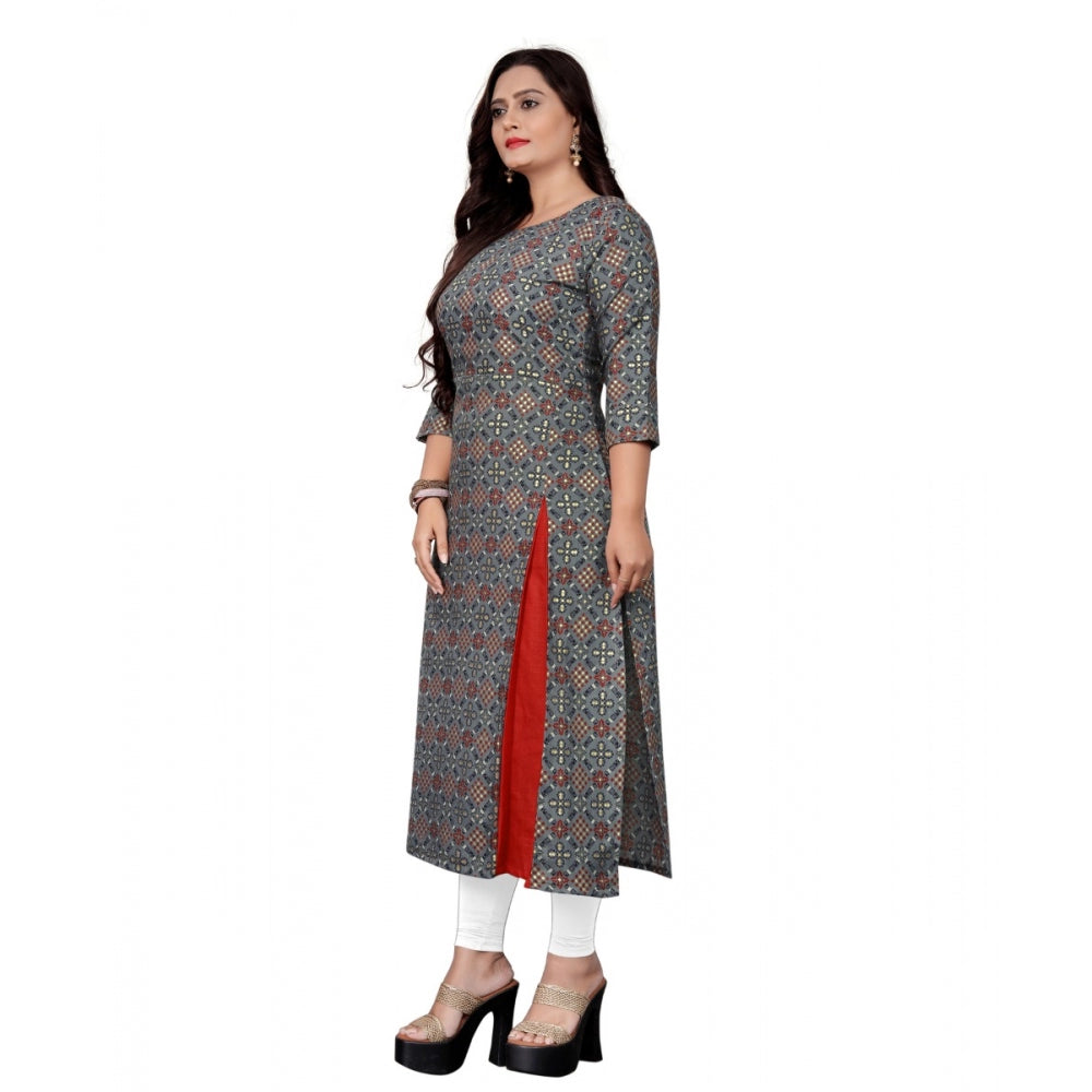 Amfyn Women's Cotton Print with Foil Frontslit Kurti (Grey)
