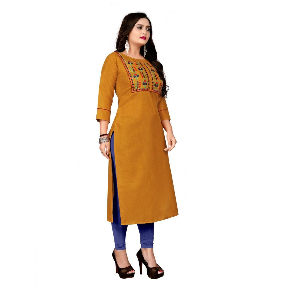 Amfyn Women's Cotton Embroidery Straight Kurti (Mustard Yellow)