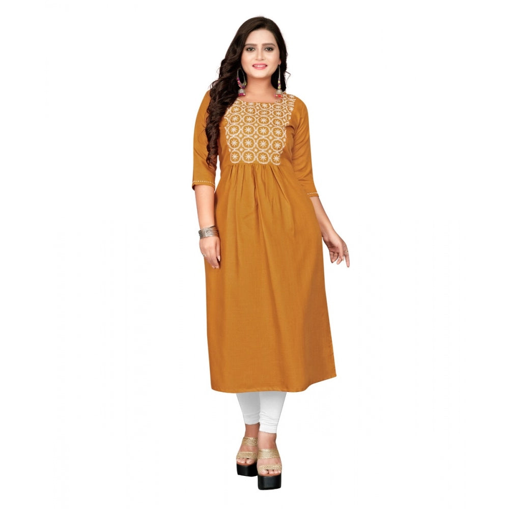 Amfyn Women's Cotton Embroidery Straight Kurti (Mustard Yellow)