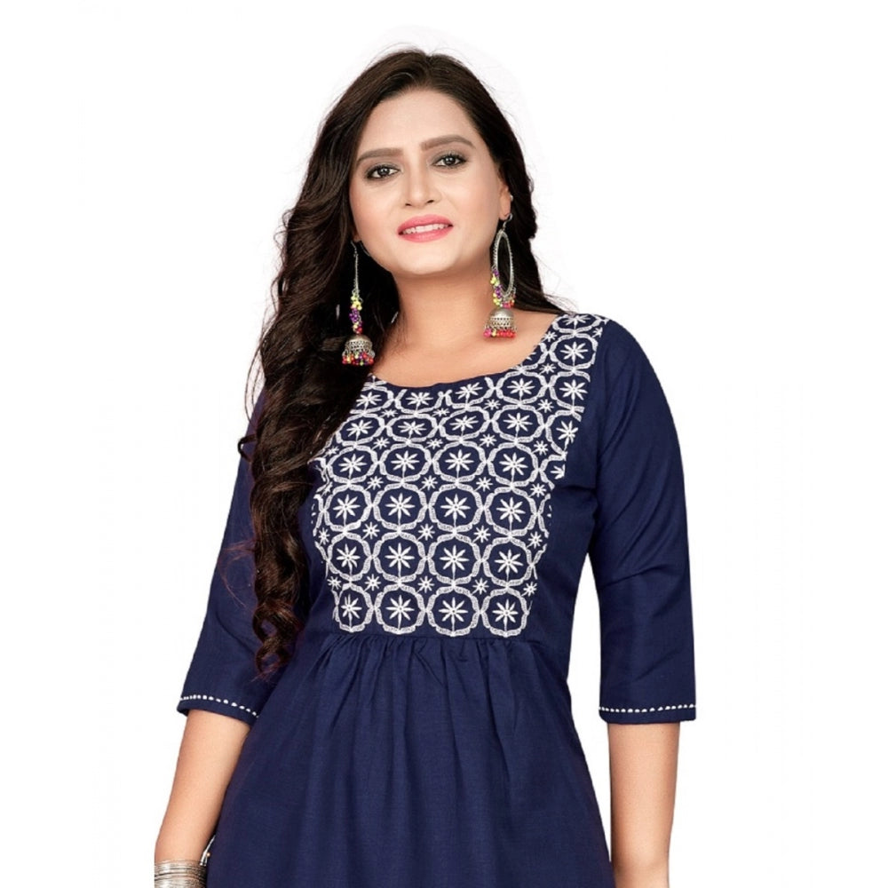 Amfyn Women's Cotton Embroidery Straight Kurti (Navy Blue)