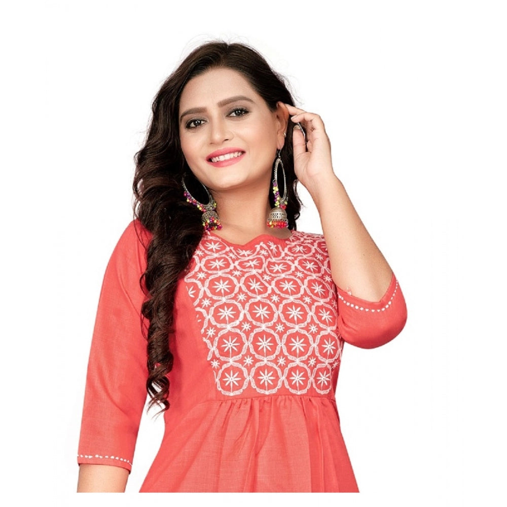 Amfyn Women's Cotton Embroidery Straight Kurti (Peach)