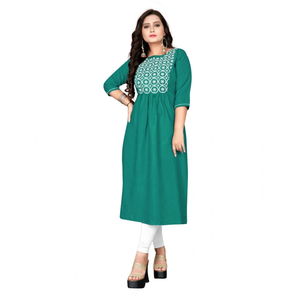 Amfyn Women's Cotton Embroidery Straight Kurti (Turquoise Green)