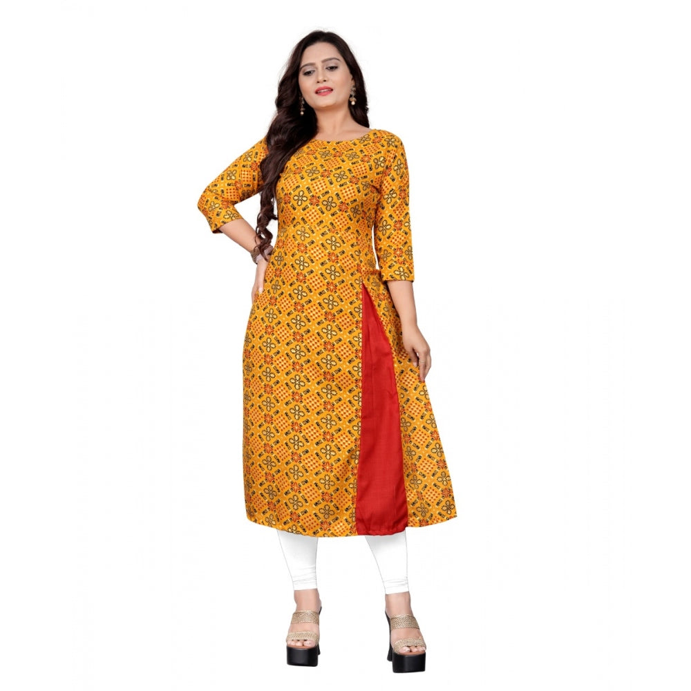 Amfyn Women's Cotton Print with Foil Frontslit Kurti (Mustard Yellow)