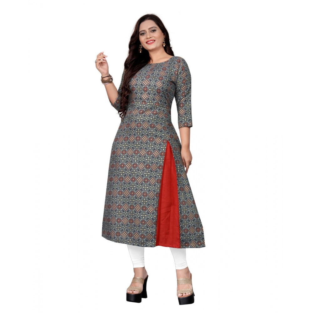 Amfyn Women's Cotton Print with Foil Frontslit Kurti (Grey)