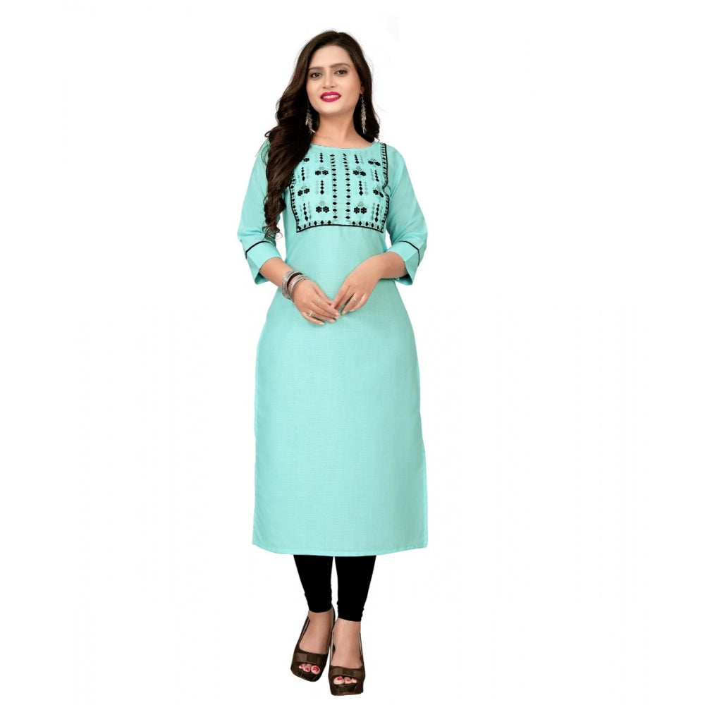 Amfyn Women's Cotton Embroidery Straight Kurti (Light Blue)
