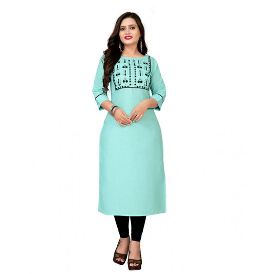 Amfyn Women's Cotton Embroidery Straight Kurti (Light Blue)