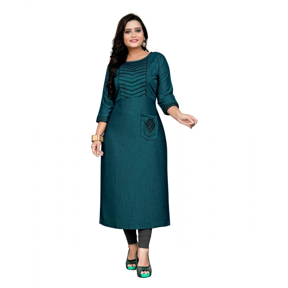 Amfyn Women's Cotton Embroidery Straight Kurti (Blue)