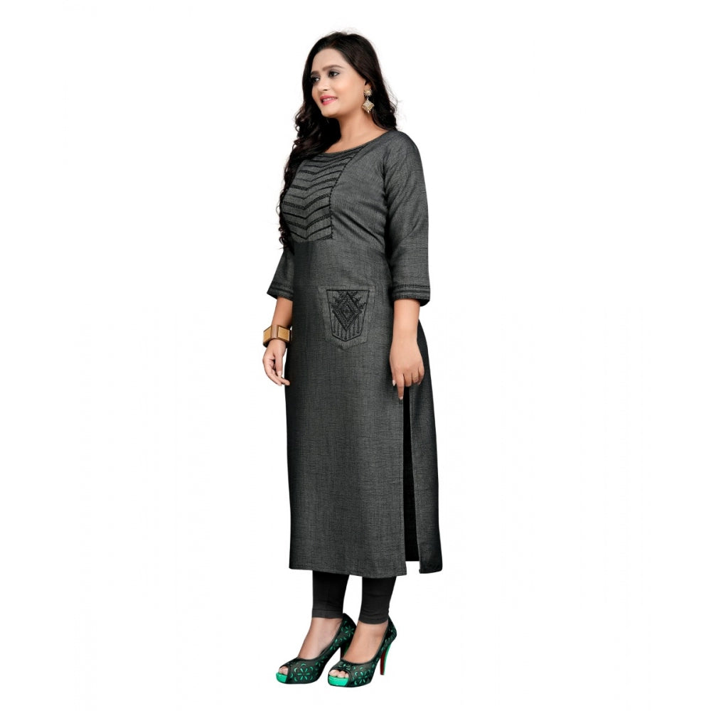Amfyn Women's Cotton Embroidery Straight Kurti (Grey)