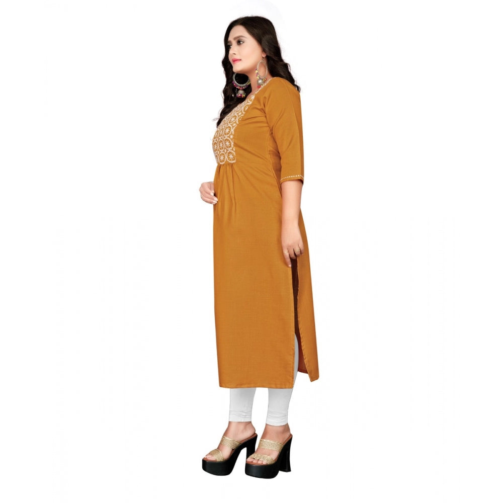Amfyn Women's Cotton Embroidery Straight Kurti (Mustard Yellow)
