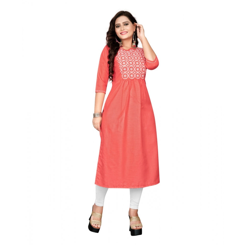 Amfyn Women's Cotton Embroidery Straight Kurti (Peach)