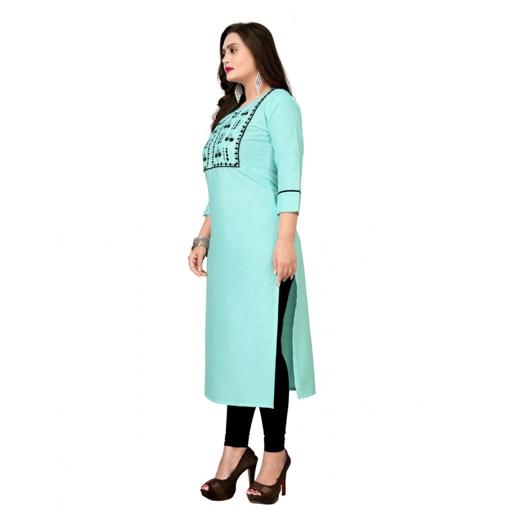 Amfyn Women's Cotton Embroidery Straight Kurti (Light Blue)