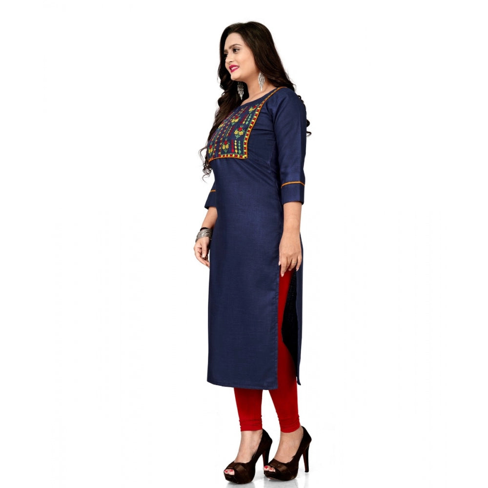 Amfyn Women's Cotton Embroidery Straight Kurti (Navy Blue)