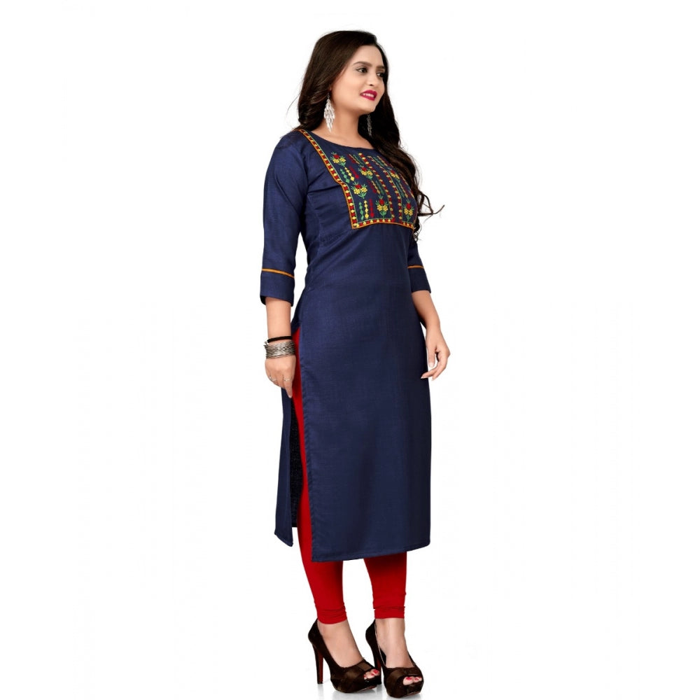 Amfyn Women's Cotton Embroidery Straight Kurti (Navy Blue)