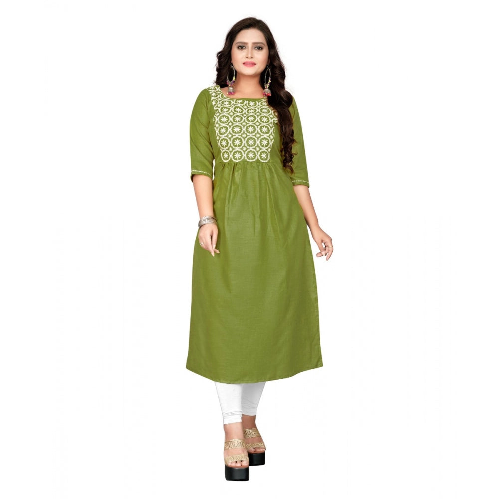 Amfyn Women's Cotton Embroidery Straight Kurti (Light Green)