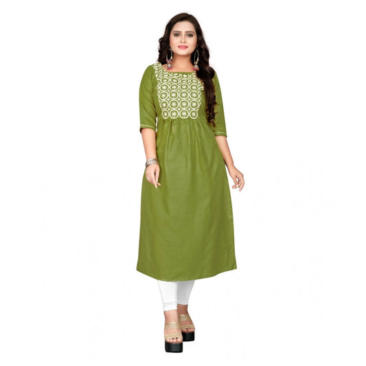 Amfyn Women's Cotton Embroidery Straight Kurti (Light Green)