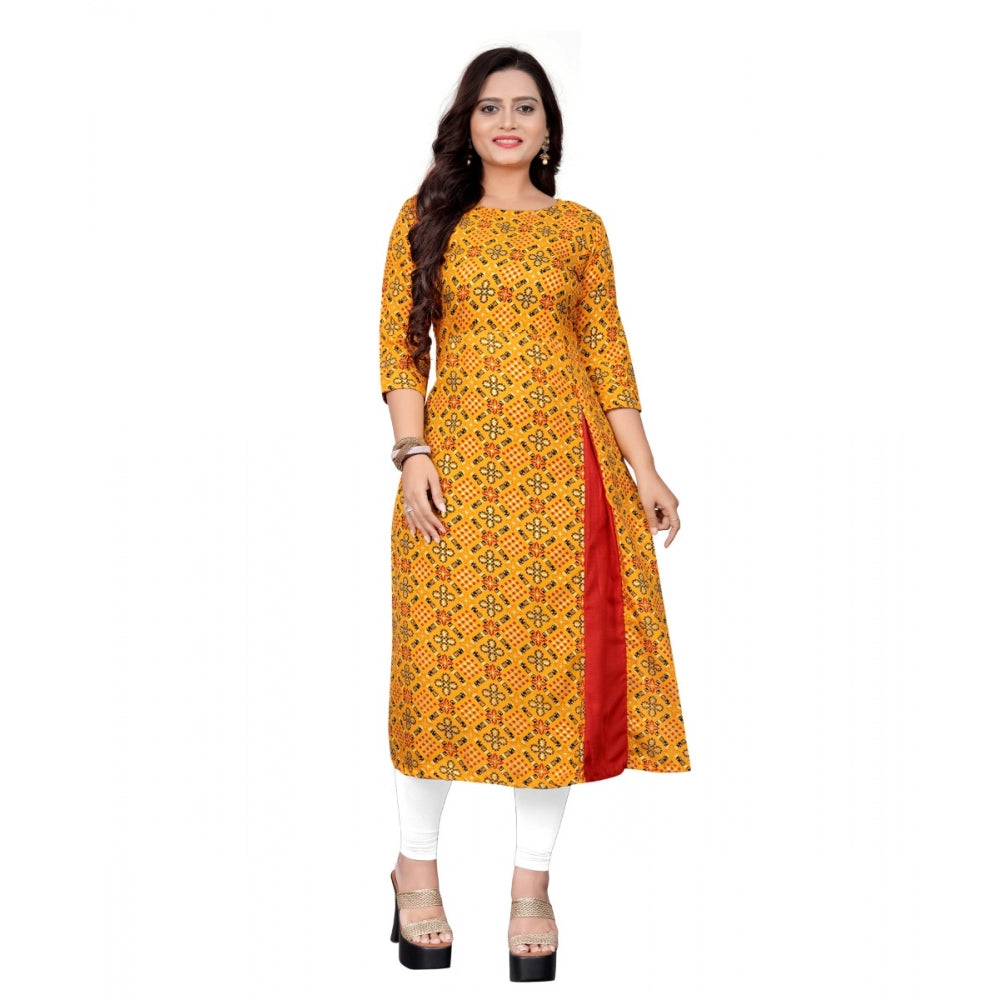 Amfyn Women's Cotton Print with Foil Frontslit Kurti (Mustard Yellow)