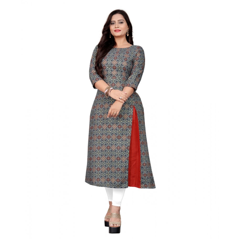 Amfyn Women's Cotton Print with Foil Frontslit Kurti (Grey)