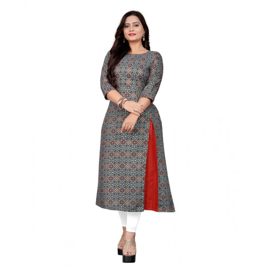 Amfyn Women's Cotton Print with Foil Frontslit Kurti (Grey)