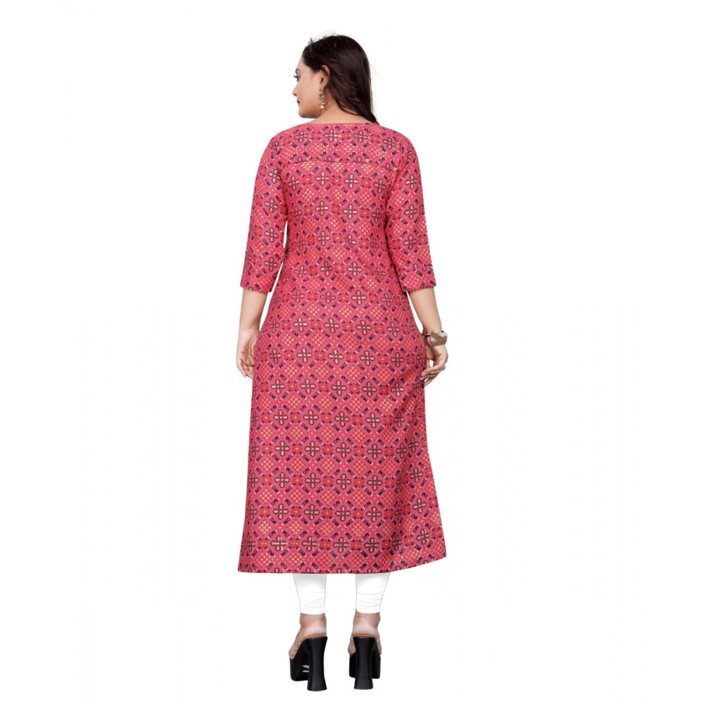 Amfyn Women's Cotton Print with Foil Frontslit Kurti (Pink)