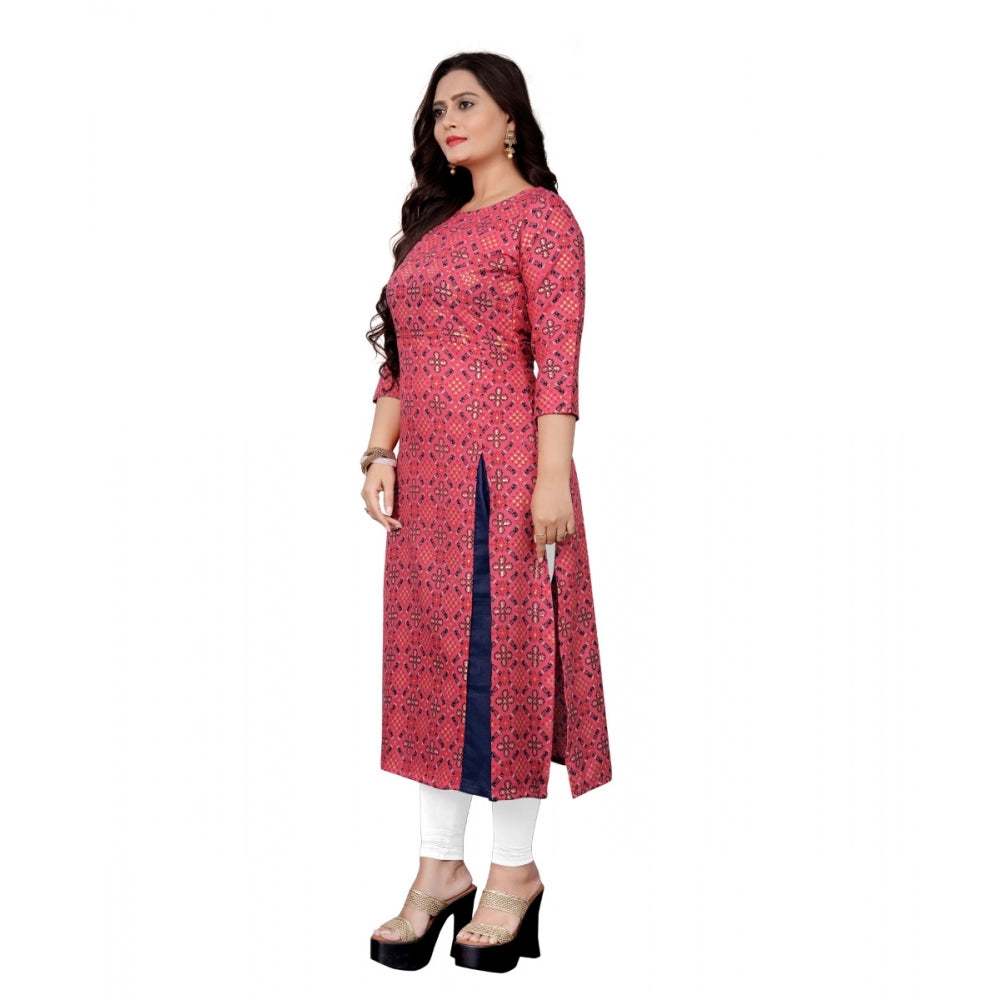 Amfyn Women's Cotton Print with Foil Frontslit Kurti (Pink)