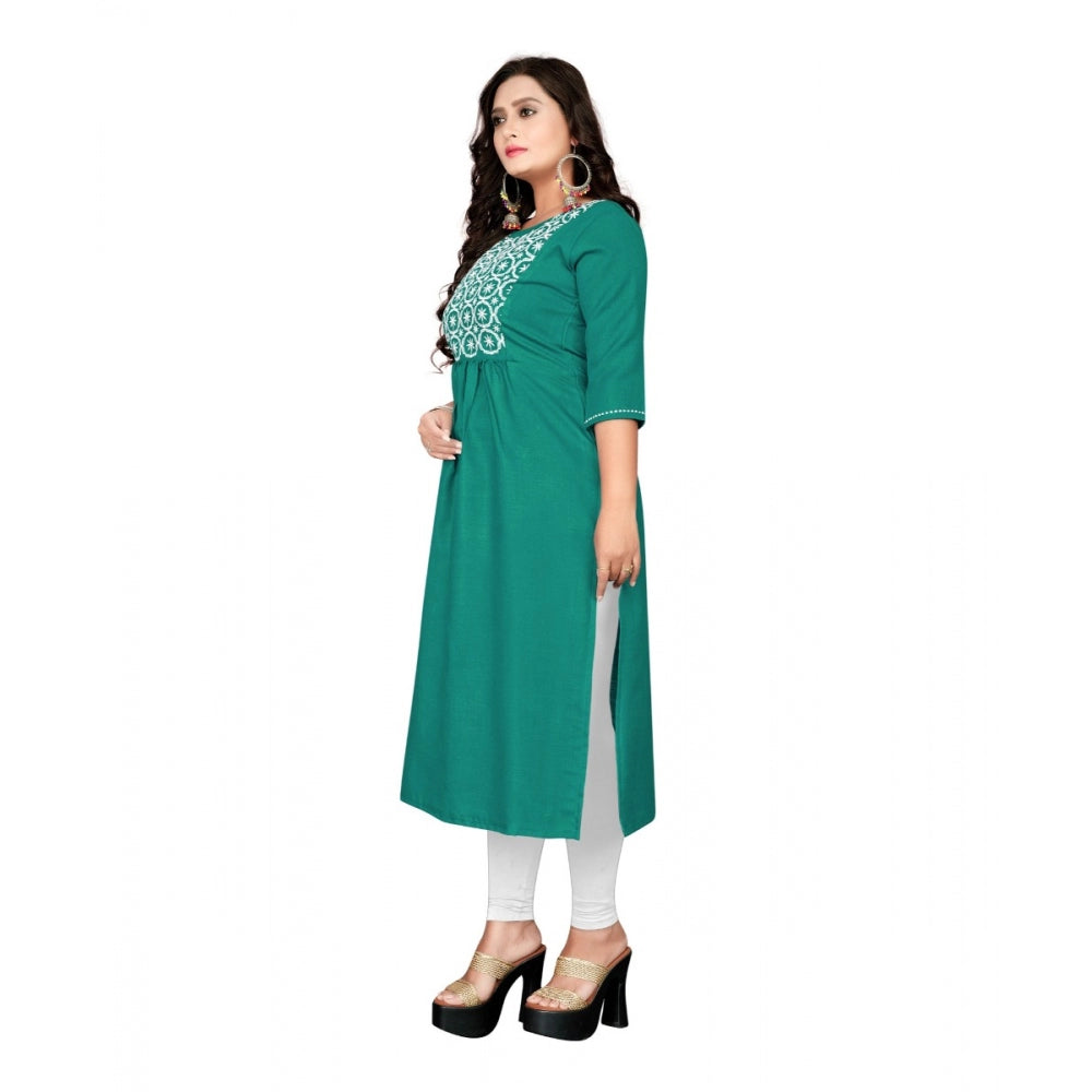Amfyn Women's Cotton Embroidery Straight Kurti (Turquoise Green)